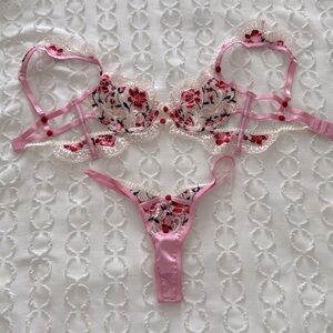 For Love And Lemons Pink Floral Lace Underwire Bra & Thong Set